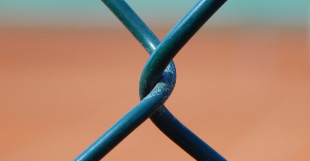 A close up image of 2 blue wires twisted together.