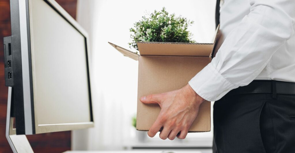 a side shot of a person's torso while they are holding a cardboard box with a plant sticking out, as he stands in front of a desktop monitor.