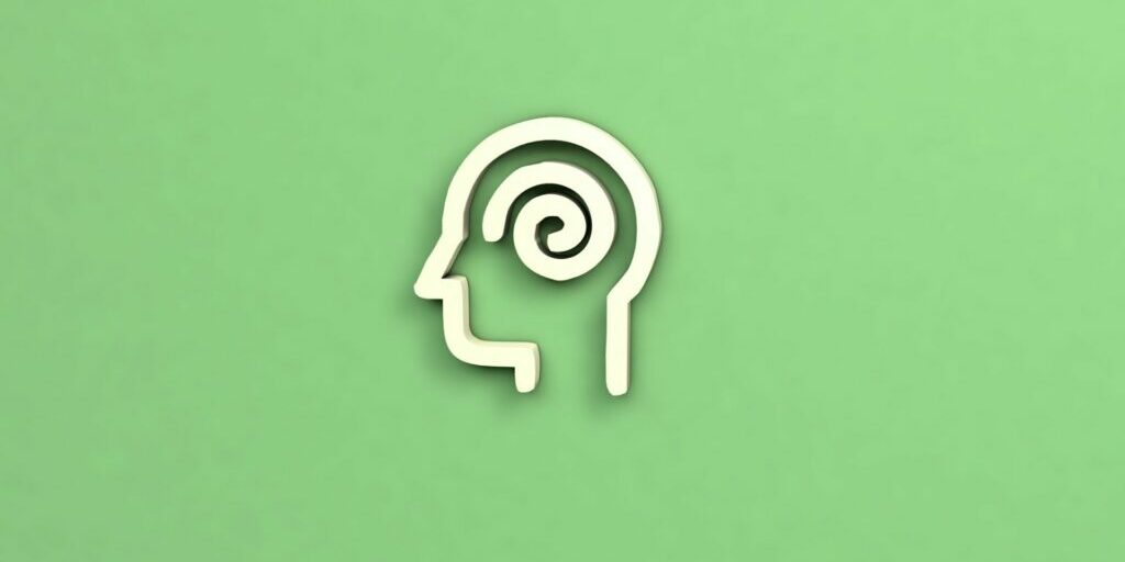 a 3d outline of a head with a 3d swirl in the middle of the head. The background is a light green.