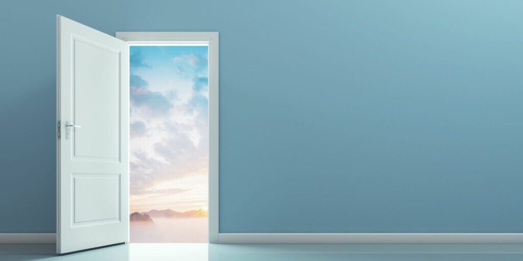 A graphic of an open white wooden door and in the doorway shows a pastel sky with white and blue clouds and some vague scenery of mountains.