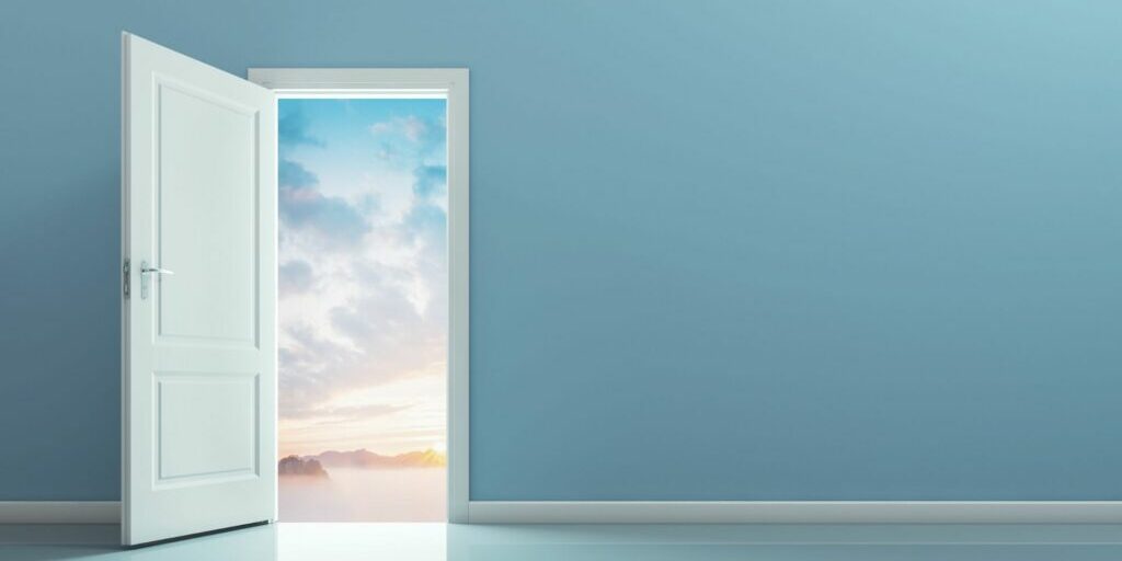 A graphic of an open white wooden door and in the doorway shows a pastel sky with white and blue clouds and some vague scenery of mountains.