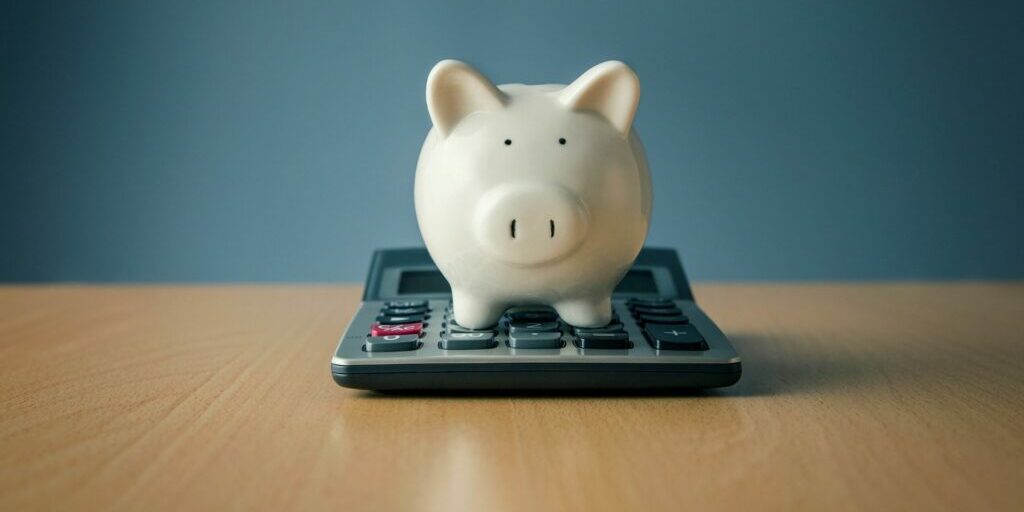 A photo of a white piggybank standing on top of a grey calculator on top of an empty wooden desk.