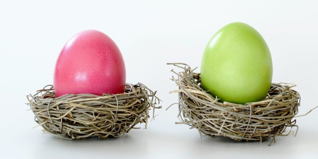 Two eggs inside a straw nest is in the frame - the egg on the left is pink and the egg on the right is a lime green.