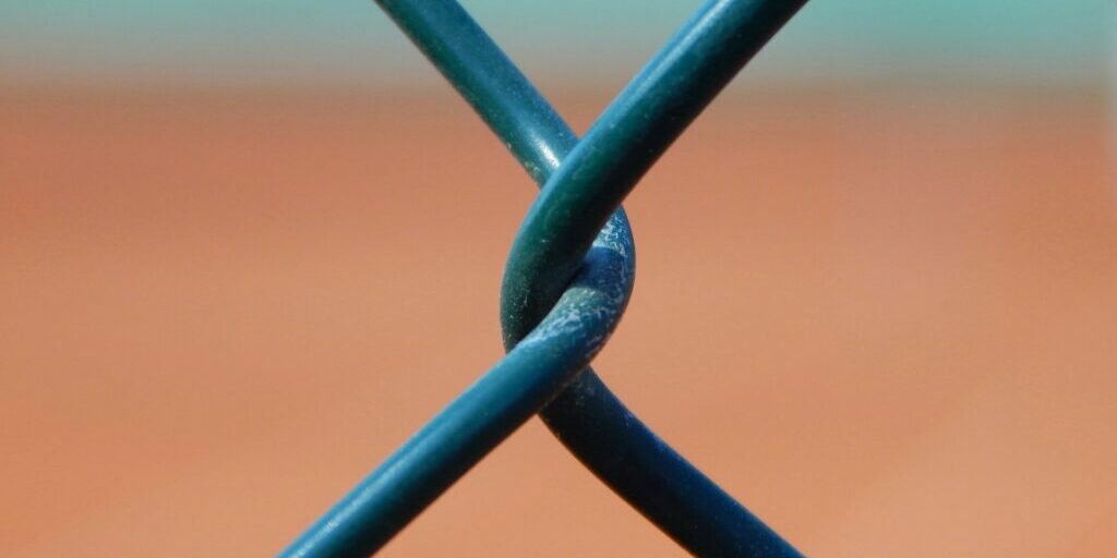 A close up image of 2 blue wires twisted together.